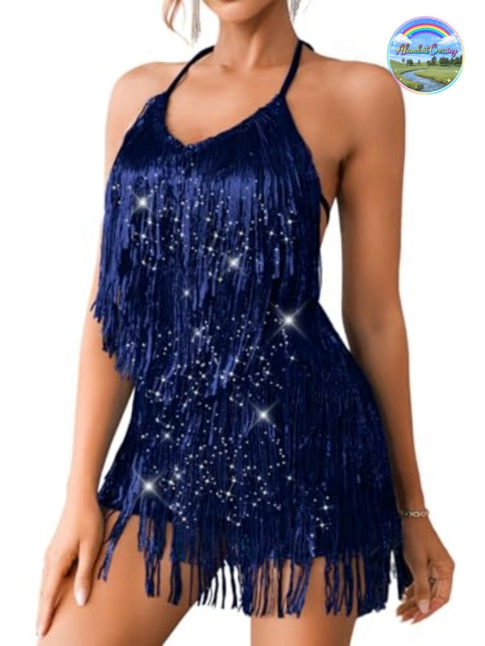 Kaei&Shi Sequin Fringe Halter Romper Sleeveless Mini Jumpsuit Backless Party